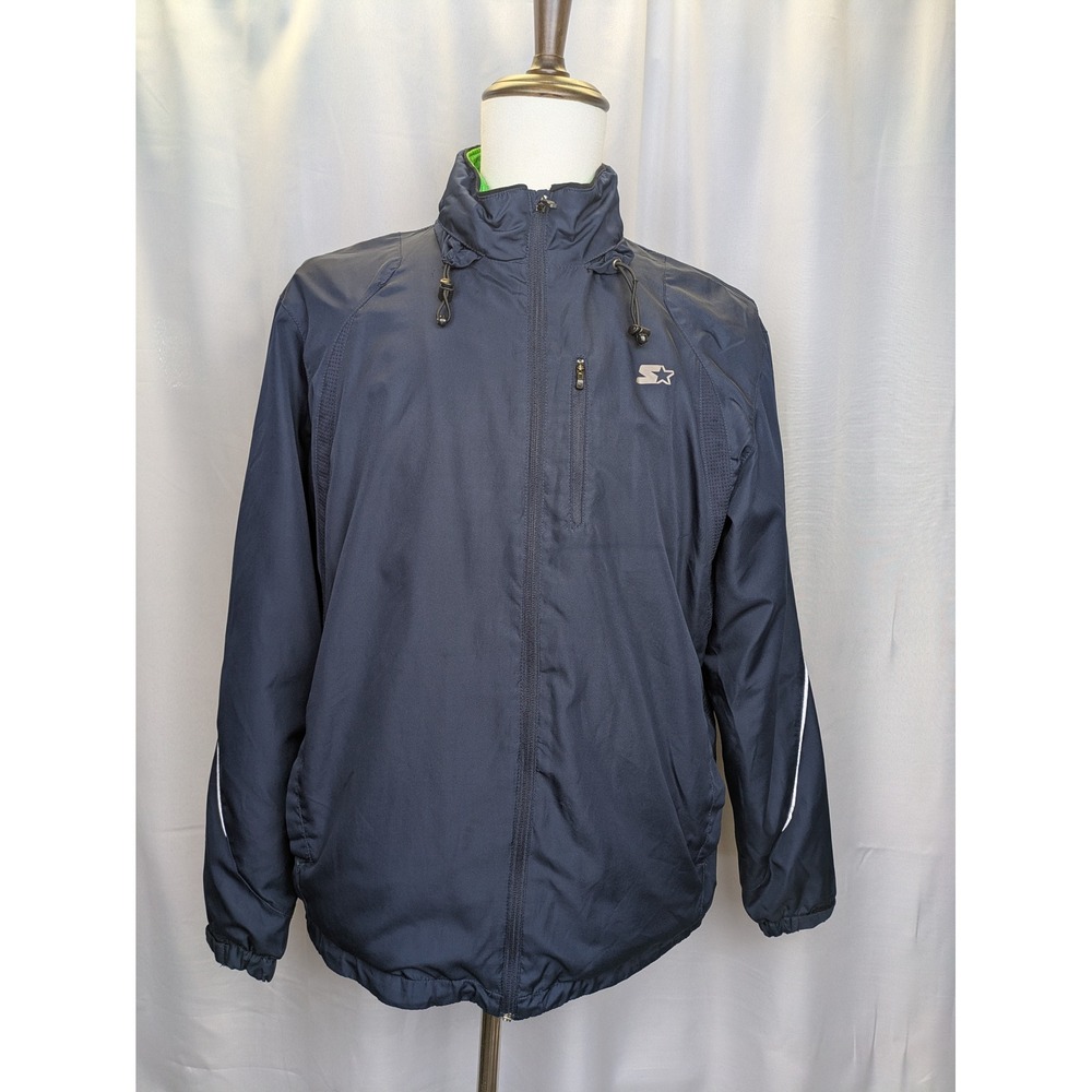 Starter Men's Med Windbreaker Jacket Navy Blue Lime Green Mesh Lined Hidden Hood